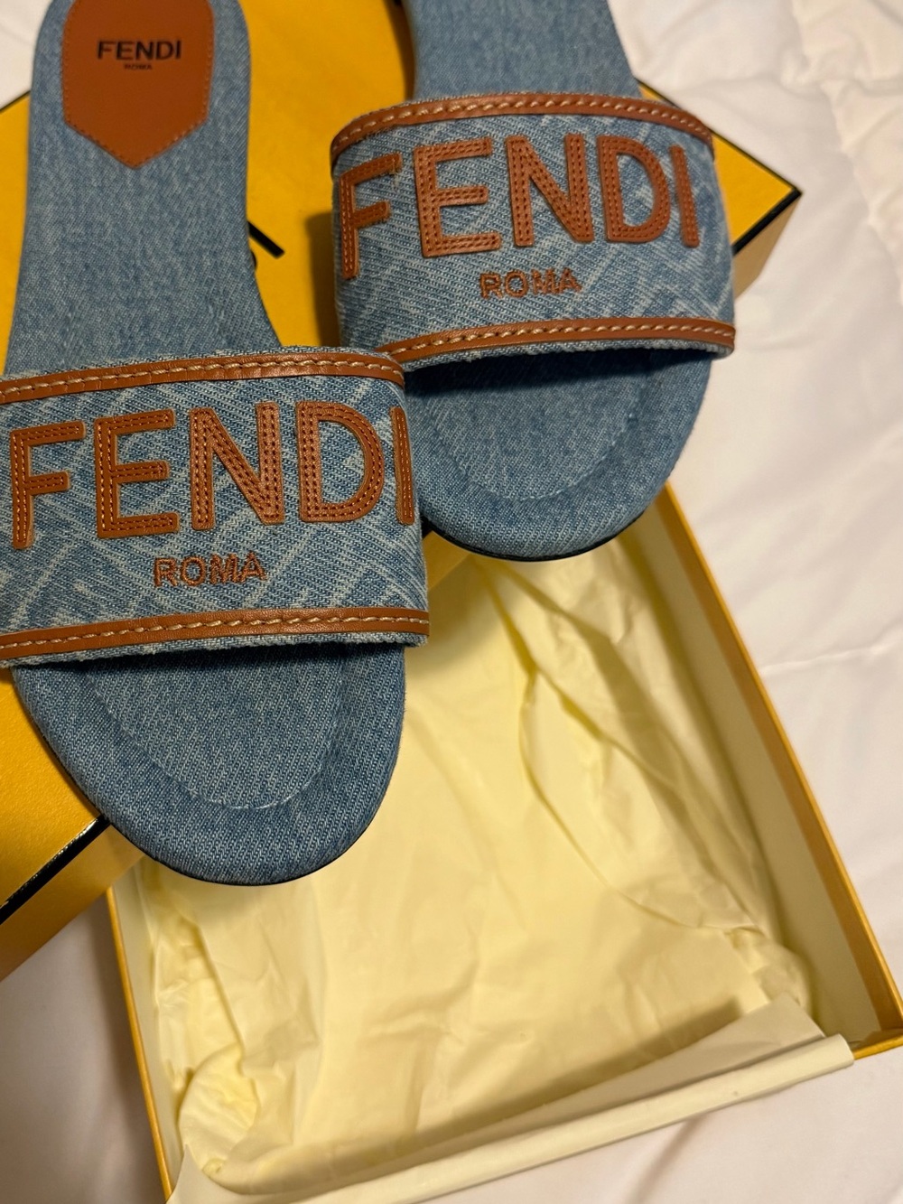 Fendi Denim Slide Sandals with Brown Leather Logo - Picture 1 of 2